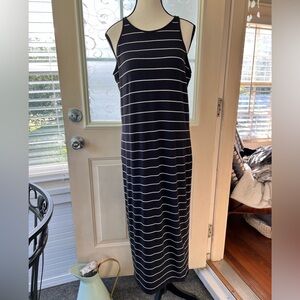 Athleta size L woman’s black with white stripes tank dress, lined.